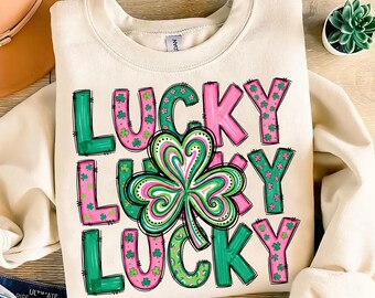 St Patrick's Day Lucky PNG, Shamrock Sublimation Design, Retro Lucky Doodle PNG, Girly St Paddy's Day clipart, Preppy Irish Digital Download