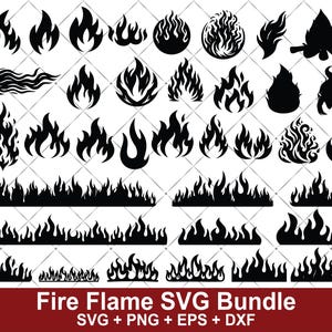 May include: A collection of black fire and flame graphics in various shapes and sizes. The image includes individual flames, stylized fire bursts, and flame borders. Text at the bottom reads "Fire Flame SVG Bundle".