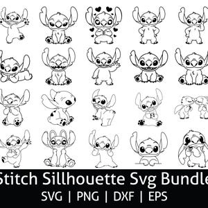 Puede incluir: Un paquete SVG en blanco y negro con varias poses del personaje Stitch. Las imágenes incluyen a Stitch sentado, de pie, saludando y mostrando corazones. El texto "Stitch Silhouette Svg Bundle" está en la parte inferior.