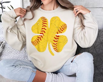 Softball Shamrock PNG, St. Patrick's Day Softball Sublimation, Distressed Four Leaf Clover PNG, Irish Sports Shirt Design, Digital Download