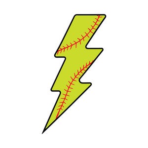 May include: A lime green lightning bolt design with a black outline. The lightning bolt has red stitching details, resembling a softball. The background is white.