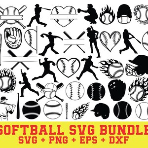 May include: A collection of black and white softball-themed SVG graphics. Includes silhouettes of players, bats, balls, gloves, and flames. The text "SOFTBALL SVG BUNDLE" is displayed in red on a yellow background.