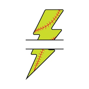 May include: A split lightning bolt design in yellow, resembling a softball, with red stitching details. The bolt is divided by a horizontal black line, set against a white background.