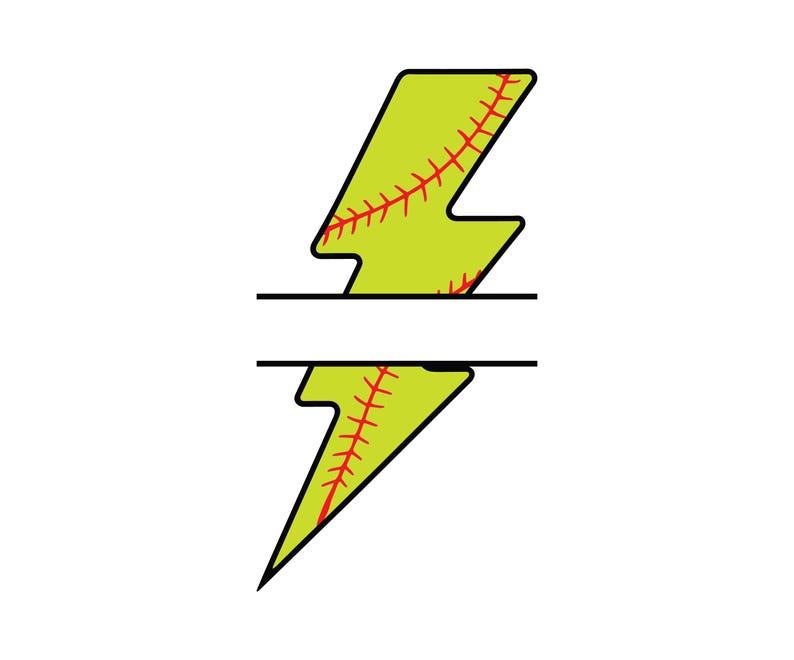 May include: A split lightning bolt design in yellow, resembling a softball, with red stitching details. The bolt is divided by a horizontal black line, set against a white background.