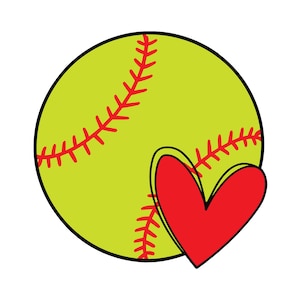 May include: A softball with red stitching and a red heart graphic. The softball is yellow-green with black outlines. The heart is a solid red color and is positioned next to the softball.