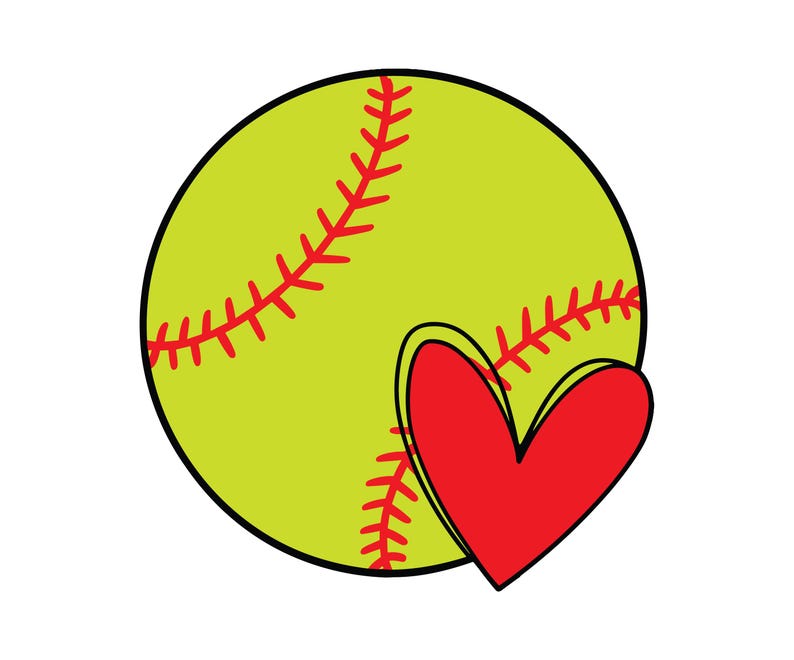 May include: A softball with red stitching and a red heart graphic. The softball is yellow-green with black outlines. The heart is a solid red color and is positioned next to the softball.