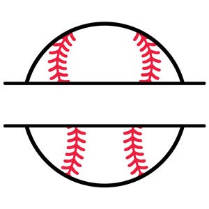 May include: A vector illustration of a baseball with a white background, black outline, and red stitching. The baseball is split horizontally with a blank space for text or a monogram.