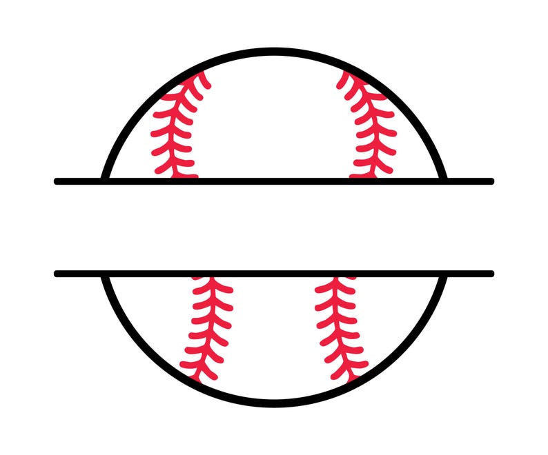 May include: A vector illustration of a baseball with a white background, black outline, and red stitching. The baseball is split horizontally with a blank space for text or a monogram.