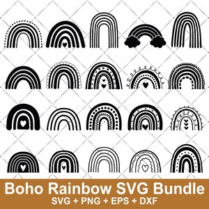 Pode incluir: Uma coleção de designs de arco-íris em preto e branco em vários estilos. Alguns arco-íris têm corações, pontos ou bordas onduladas. O texto "Boho Rainbow SVG Bundle" está na parte inferior, juntamente com informações sobre o tipo de arquivo.