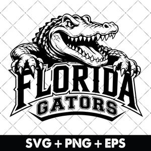 May include: A black and white graphic illustration of an alligator with its mouth open, positioned above the text FLORIDA GATORS in a bold, athletic font. Below the main design, the text SVG + PNG + EPS is displayed on a black background.