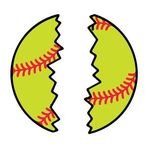 May include: A cartoon illustration of a softball split in half. The softball is yellow-green with red stitching and a black outline. The edges of the split are jagged.