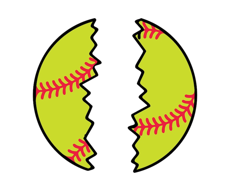 May include: A cartoon illustration of a softball split in half. The softball is yellow-green with red stitching and a black outline. The edges of the split are jagged.