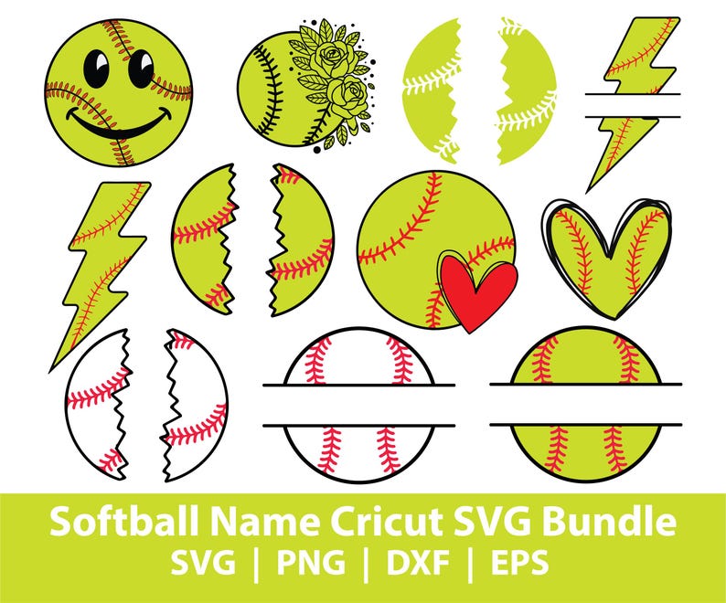 May include: A collection of softball-themed SVG designs in yellow, red, and black. Includes a softball with a smiley face, a softball with floral accents, a heart-shaped softball, and lightning bolt designs. The text "Softball Name Cricut SVG Bundle" is at the bottom.