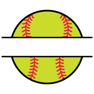 May include: A softball design with a split section for personalization. The softball is yellow-green with red stitching and a black outline. The design is a vector graphic, suitable for sports-themed products.