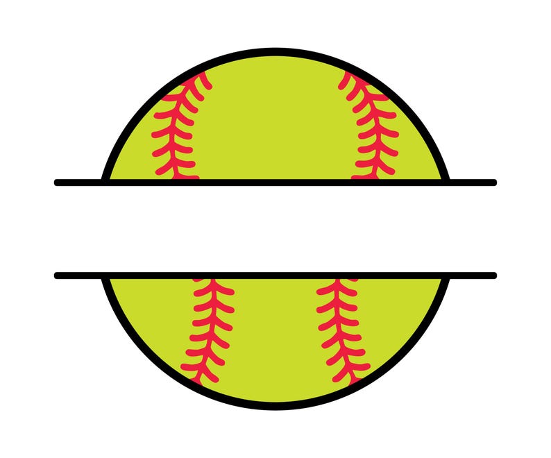 May include: A softball design with a split section for personalization. The softball is yellow-green with red stitching and a black outline. The design is a vector graphic, suitable for sports-themed products.