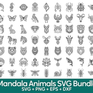 May include: A collection of black and white mandala animal designs, including a dolphin, seahorse, butterfly, dog, cat, bear, and many more. The text "Mandala Animals SVG Bundle" is displayed at the bottom.