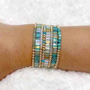 Turqouise Stacking Bracelets | Gold Filled Ball Bracelets | Tile Bracelets | Stretchy Stacking Bracelets | Gemstone Bracelets