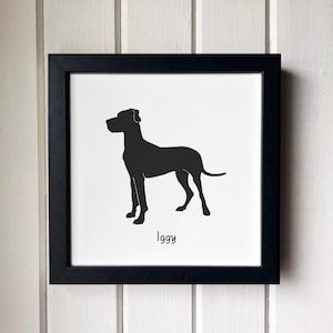 Great Dane Silhouette Dog Portrait | Hand-Cut Pet Memorial | Frame & Personalized Text Options FRAMED (Black) 8x8