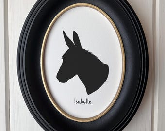 Donkey Silhouette Portrait Memorial Art  | Hand-Cut Pet Memorial  | Frame & Personalized Text Options