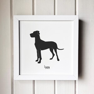 Great Dane Silhouette Dog Portrait | Hand-Cut Pet Memorial | Frame & Personalized Text Options FRAMED (White) 8x8