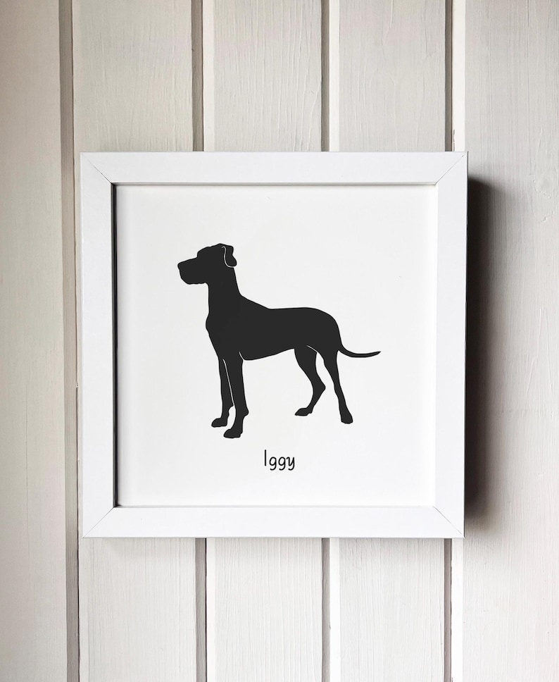 Great Dane Silhouette Dog Portrait | Hand-Cut Pet Memorial | Frame & Personalized Text Options FRAMED (White) 8x8