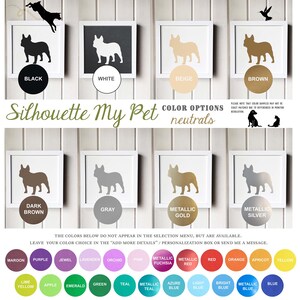 The image is a collage of various color options for a silhouette of a dog, with each color option represented by a silhouette of a dog in a different color. The color options include black, white, beige, brown, maroon, purple, jewel, lavender, orchid, pink, red, orange, apricot, yellow, green, teal, azure, light blue, and blue. The image does not contain any text, and the colors shown do not appear to be part of a selection menu.