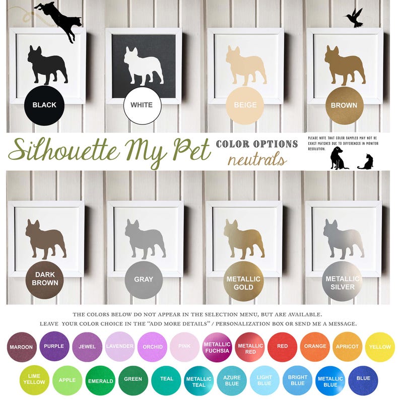 The image is a collage of various color options for a silhouette of a dog, with each color option represented by a silhouette of a dog in a different color. The color options include black, white, beige, brown, maroon, purple, jewel, lavender, orchid, pink, red, orange, apricot, yellow, green, teal, azure, light blue, and blue. The image does not contain any text, and the colors shown do not appear to be part of a selection menu.
