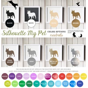 The image is a collage of various color options for a silhouette of a dog, with each color option represented by a silhouette of a dog in a different color. The color options include black, white, beige, brown, maroon, purple, jewel, lavender, orchid, pink, red, orange, apricot, yellow, green, teal, azure, light blue, and blue. The image does not contain any text, and the colors shown do not appear to be part of a selection menu.