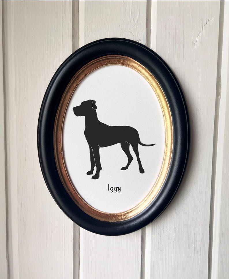 Great Dane Silhouette Dog Portrait | Hand-Cut Pet Memorial | Frame & Personalized Text Options FRAMED (Wood Oval) Vertical ⇅ 5x7