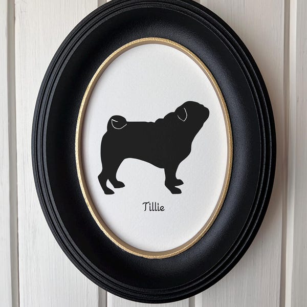 Pug Silhouette Dog Portrait Memorial Art  | Hand-Cut Pet Memorial  | Frame & Personalized Text Options