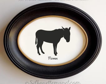 Donkey Silhouette Portrait Memorial Art  | Hand-Cut Pet Memorial  | Frame & Personalized Text Options