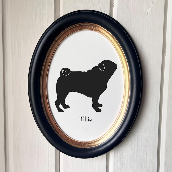 Pug Silhouette Dog Portrait Memorial Art  | Hand-Cut Pet Memorial  | Frame & Personalized Text Options