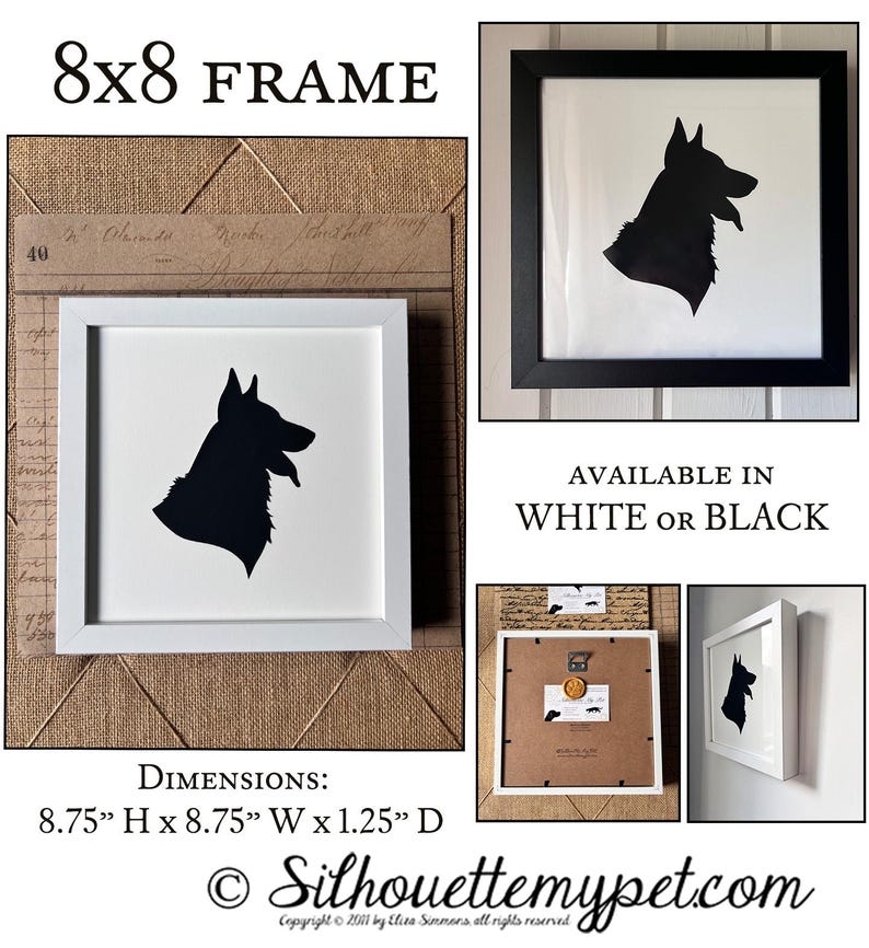 The image is an advertisement for an 8x8 frame that features a silhouette of a dog's head in black and white. The frame is available in both white and black, and the dimensions are 8.75" H x 8.75" W x 1.25" D. The website "Silhouettemypetcom" is mentioned, and the image is described as a collage of multiple images.