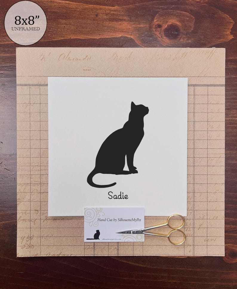 Bengal Cat Silhouette Portrait | Hand-Cut Pet Memorial | Frame & Personalized Text Options Unframed 8x8