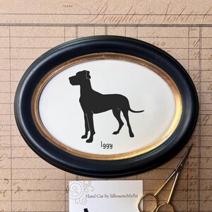 Great Dane Silhouette Dog Portrait | Hand-Cut Pet Memorial | Frame & Personalized Text Options FRAMED (Wood Oval) Horizontal ⇆ 5x7