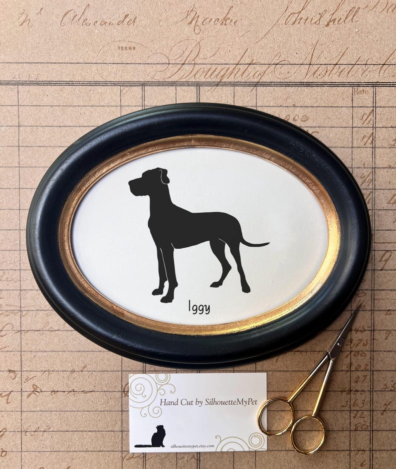 Great Dane Silhouette Dog Portrait | Hand-Cut Pet Memorial | Frame & Personalized Text Options FRAMED (Wood Oval) Horizontal ⇆ 5x7