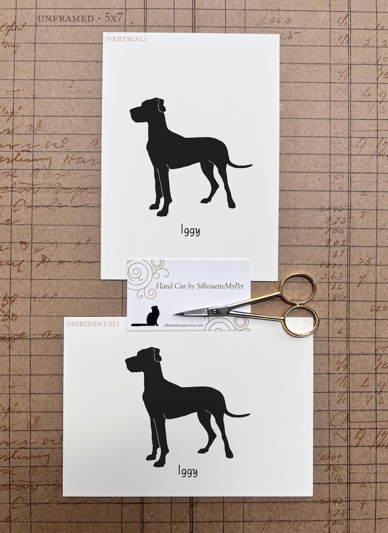 Great Dane Silhouette Dog Portrait | Hand-Cut Pet Memorial | Frame & Personalized Text Options Unframed (Horizontal ⇆) 5x7