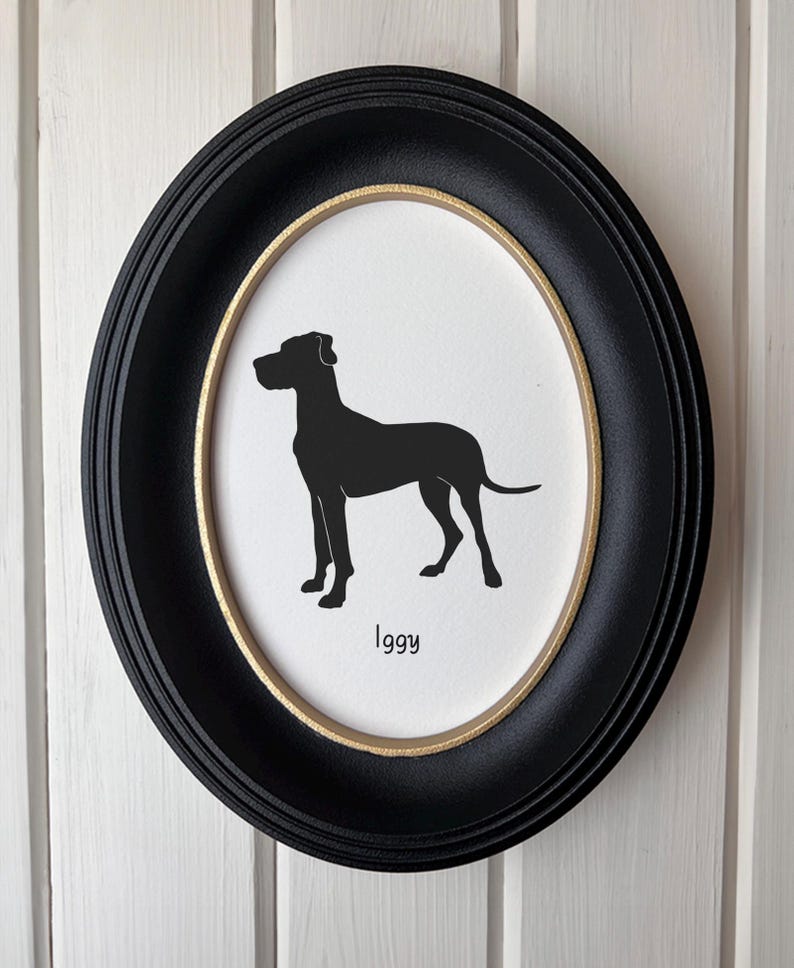 Great Dane Silhouette Dog Portrait | Hand-Cut Pet Memorial | Frame & Personalized Text Options FRAMED (Plastic Oval) Vertical ⇅ 5x7