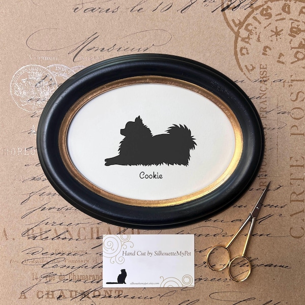 Pomeranian Silhouette Dog Portrait  | Hand-Cut Pet Memorial  | Frame & Personalized Text Options