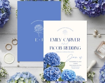 Blue Hydrangea Wedding Invitation Template | Editable Canva Invitation | Printable Floral Wedding Invite | Instant Download