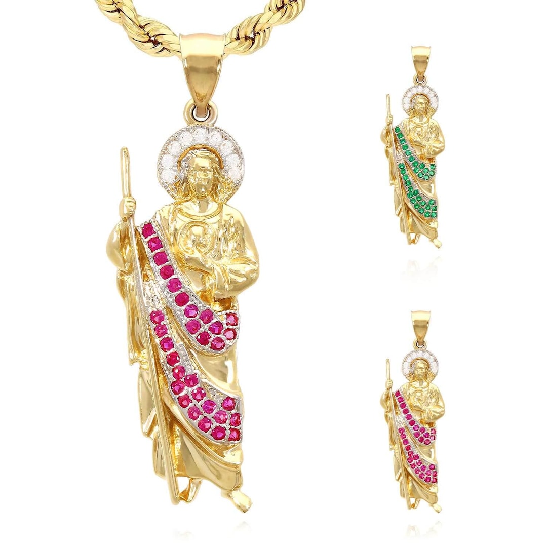 14K Gold St Jude Pendant Ruby Emerald Religious Char…
