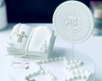 First Holy Communion Fondant Cake Topper Edible Host Bible Rosary Communion Cake Decoration Christening Baptism Religious Girl or Boy decor
