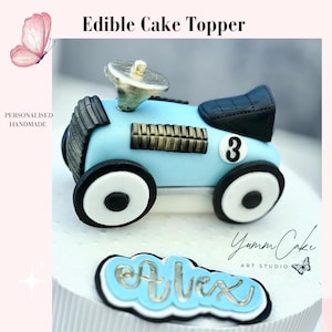 Essbarer Tortenaufsatz in Form eines Vintage-Rennwagens für Jungen, personalisierte Fondant-Geburtstagsdekoration, erster Geburtstag, Babyparty