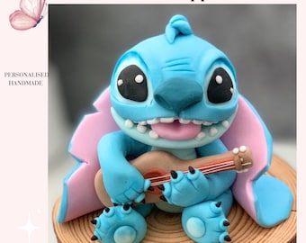Stitch Edible Cake Topper Handmade Fondant Lilo And Stitch With Ukulele Decoration for Kids Birthday Christening Baby Shower Wedding Decor
