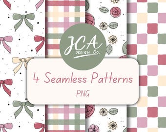 Seamless Pattern Bundle PNG | Pastel Bows, Gingham, Florals & Checkered Designs | 12x12 Digital Papers
