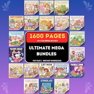 Peut inclure: Un ensemble de 44 livres de coloriage, totalisant 1600 pages, avec des titres tels que "Family Moments", "Cat & Chill" et "Cozy Garden". Le lot est proposé en fichiers PDF, téléchargeables instantanément, avec des designs mignons et faciles à colorier.