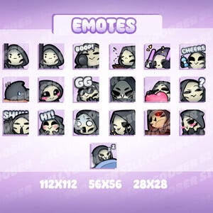 May include: A collection of emotes featuring a character in a black hooded cloak with a skull-like face. The emotes display various expressions and actions, including "GOOP!", "GG", and "CHEERS". The image also includes the text "EMOTES" and size dimensions.