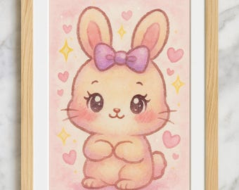 May include: A framed watercolour print of a cute bunny with a purple bow, surrounded by hearts and stars on a pink background. The artwork is in a wooden frame.