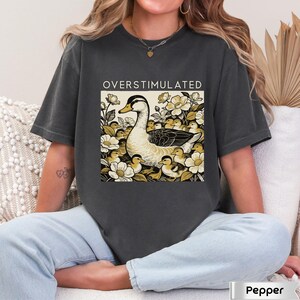 May include: Dark grey t-shirt with a graphic of a duck surrounded by ducklings and flowers. The text "OVERSTIMULATED" is above the graphic. The shirt is a relaxed fit.