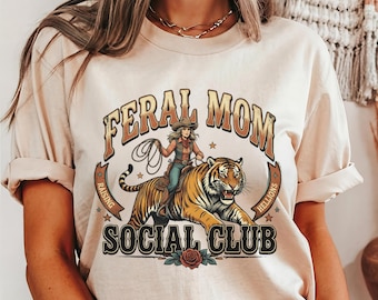 Moms Social Club Shirt,Raising Hellions Tee,Cowboy Mom Tiger Graphic,Vintage Western Mom Shirt,Mom Life Tshirt,Funny Mom Vibes Tshirt